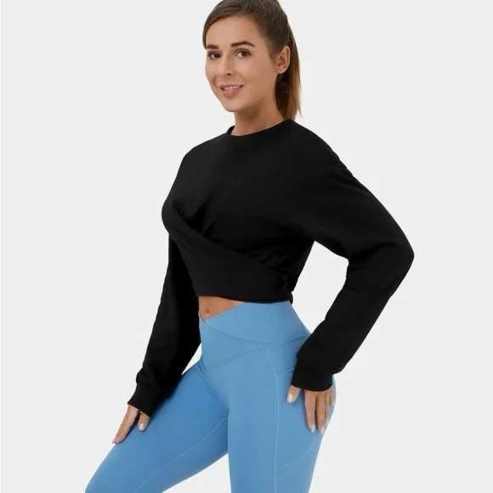 Halara Dropped Shoulder Tie Back Cropped Casual Sports Sweatshirt Black XS NWT